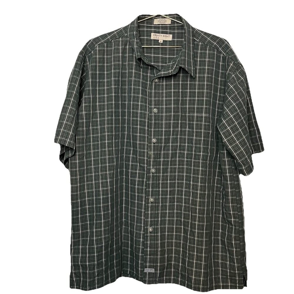 VTG 90s Y2K Eighty Eight USA Men XL Plaid Shirt Rayon Blend Short Sleeve Green